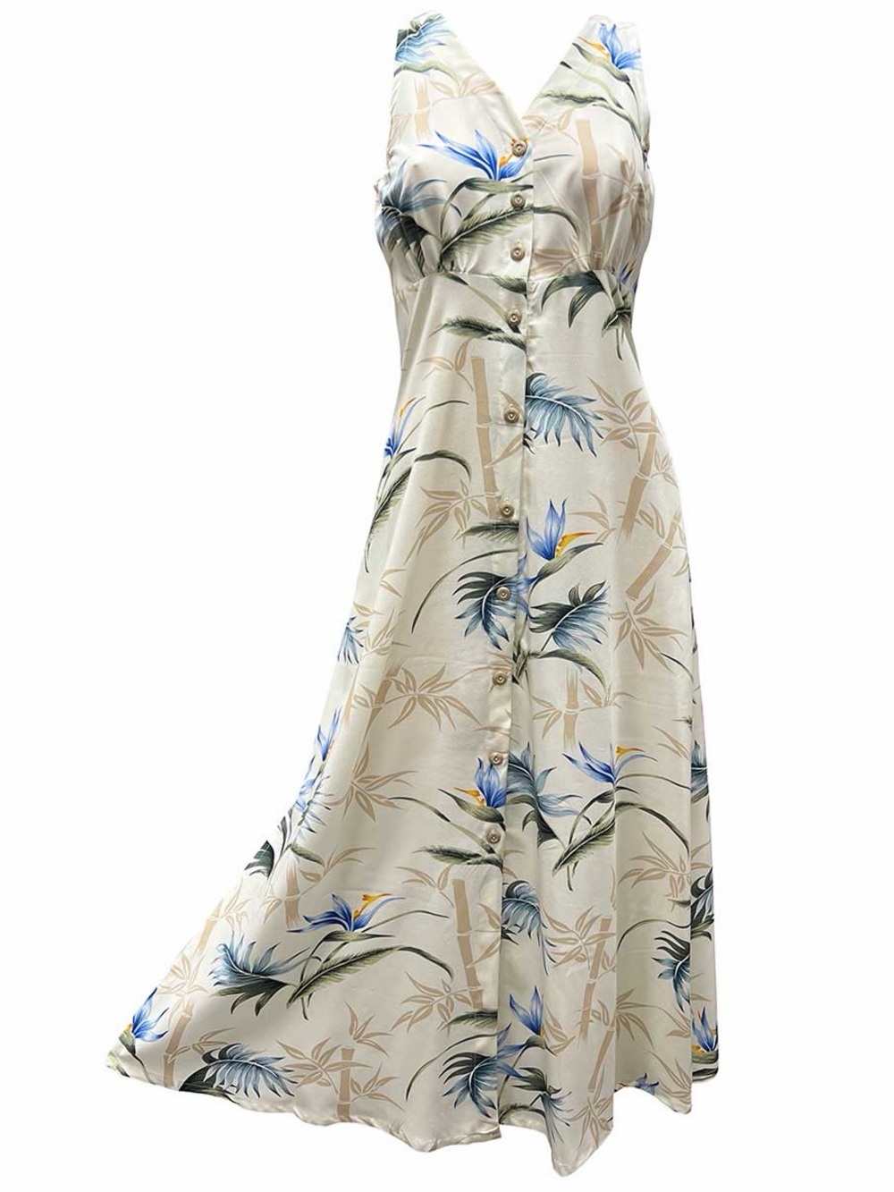 Vintage Paradise Found Bamboo Bird of Paradise Maxi Tank Dress Cream L Hawaii
